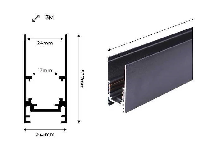 6 x magnetische rail voor opbouw – 20mm – 48v – 2 meter – zwart - afbeelding 5 van  5