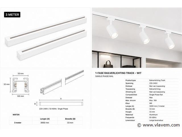 6 x railverlichting track – 1 fase – 3 meter – wit - lighting track - afbeelding 5 van  5