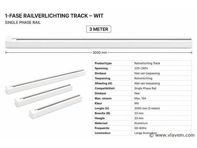 6 x railverlichting track – 1 fase – 3 meter – wit - lighting track - afbeelding 4 van  5