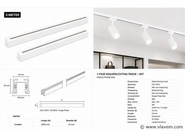 6 x railverlichting track – 1 fase – 3 meter – wit - lighting track - afbeelding 5 van  5