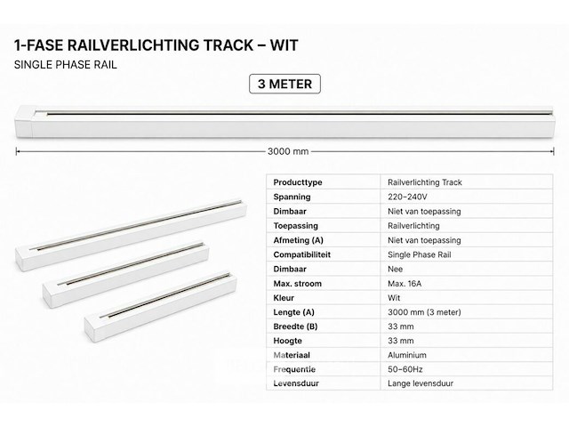 6 x railverlichting track – 1 fase – 3 meter – wit - lighting track - afbeelding 5 van  6