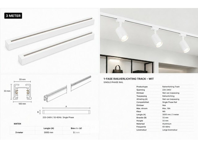 6 x railverlichting track – 1 fase – 3 meter – wit - lighting track - afbeelding 6 van  6