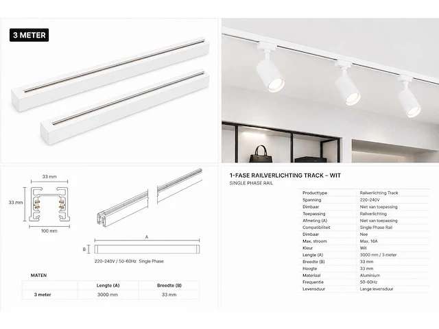 6 x railverlichting track – 1 fase – 3 meter – wit - lighting track - afbeelding 5 van  5