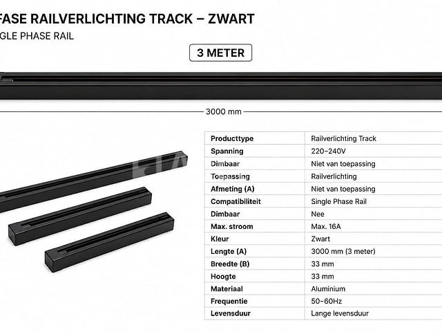 6 x railverlichting track – 1 fase – 3 meter – zwart - lighting track - afbeelding 2 van  5