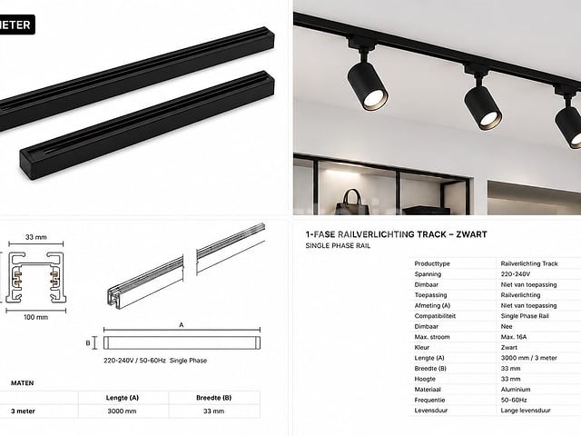 6 x railverlichting track – 1 fase – 3 meter – zwart - lighting track - afbeelding 5 van  5