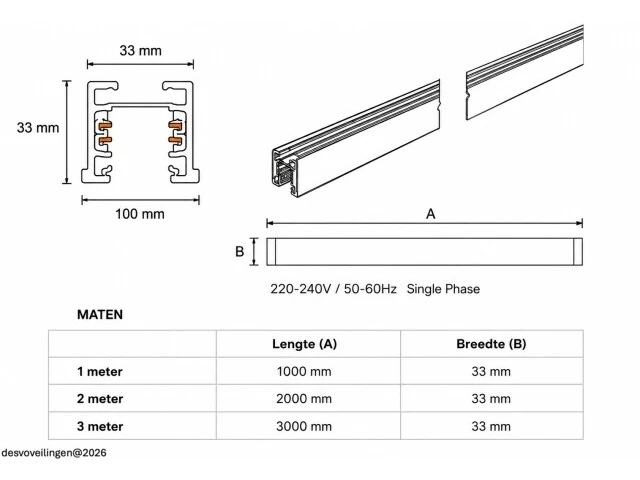 6 x railverlichting track – 1 fase – 3 meter – zwart - lighting track - afbeelding 3 van  6