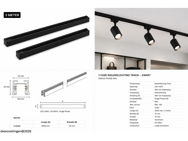 6 x railverlichting track – 1 fase – 3 meter – zwart - lighting track - afbeelding 6 van  6