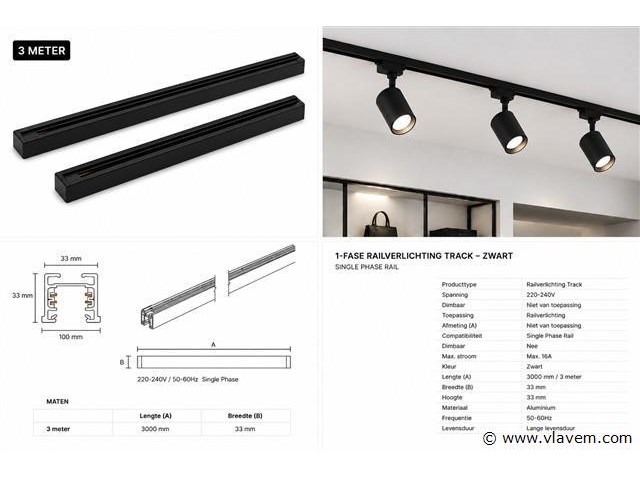 6 x railverlichting track – 1 fase – 3 meter – zwart - lighting track - afbeelding 5 van  5