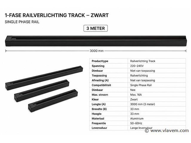 6 x railverlichting track – 1 fase – 3 meter – zwart - lighting track - afbeelding 4 van  5