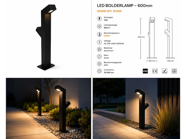 6 x tuinlamp – 60 cm – 2 x 10w led – 3500k warm wit – ip54 – zwart – sla-57 - afbeelding 4 van  4