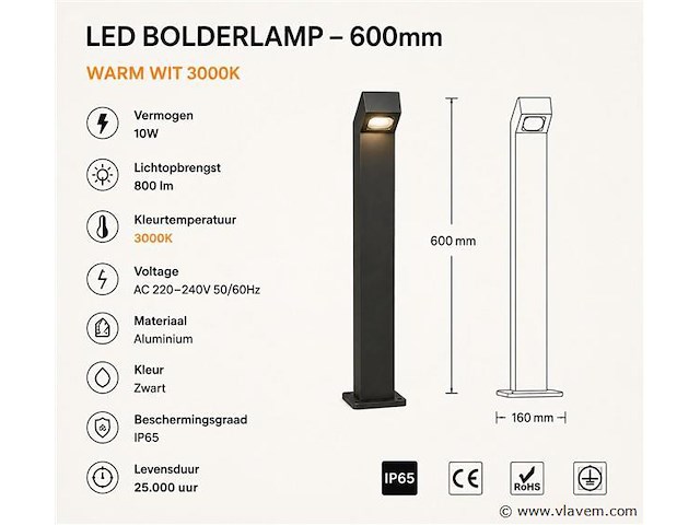 6 x tuinlamp – 60 cm – 2 x 10w led – 3500k warm wit – ip54 – zwart – sla-57 - afbeelding 3 van  4