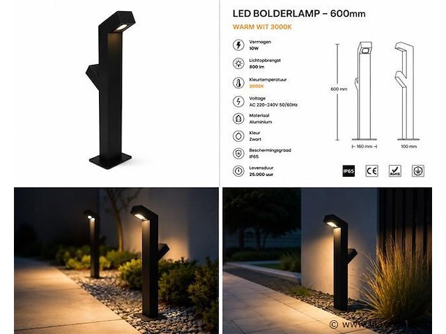 6 x tuinlamp – 60 cm – 2 x 10w led – 3500k warm wit – ip54 – zwart – sla-57 - afbeelding 4 van  4