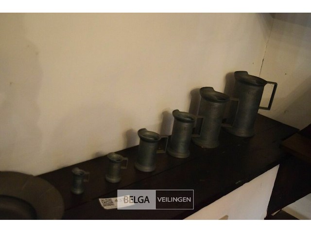 6x tinnen maatbekers + schotel - afbeelding 1 van  3