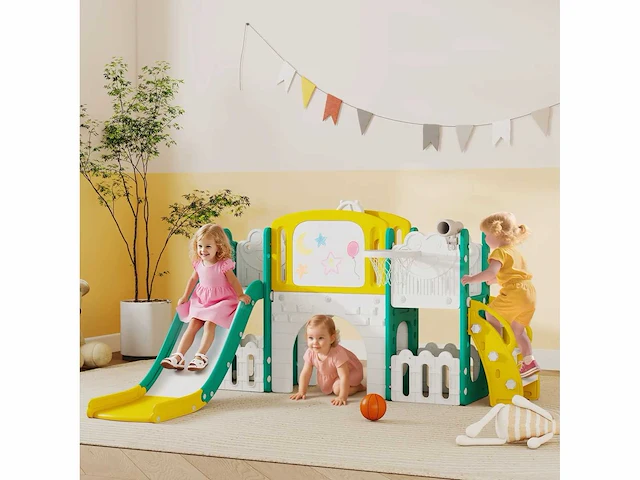 7-in-1 kids slide met basketbalhoepel, telescoop, opslag, tunnel, klimmen, tekenbord, geel - afbeelding 1 van  6