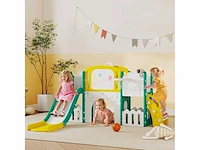 7-in-1 kids slide met basketbalhoepel, telescoop, opslag, tunnel, klimmen, tekenbord, geel