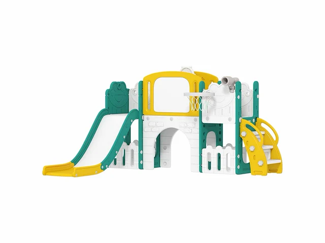 7-in-1 kids slide met basketbalhoepel, telescoop, opslag, tunnel, klimmen, tekenbord, geel - afbeelding 2 van  6
