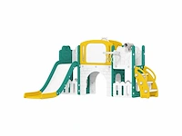 7-in-1 kids slide met basketbalhoepel, telescoop, opslag, tunnel, klimmen, tekenbord, geel - afbeelding 2 van  6