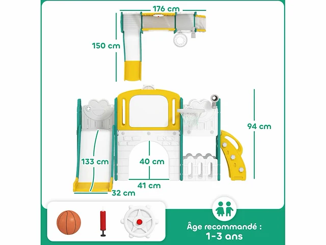 7-in-1 kids slide met basketbalhoepel, telescoop, opslag, tunnel, klimmen, tekenbord, geel - afbeelding 3 van  6