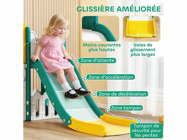 7-in-1 kids slide met basketbalhoepel, telescoop, opslag, tunnel, klimmen, tekenbord, geel - afbeelding 5 van  6