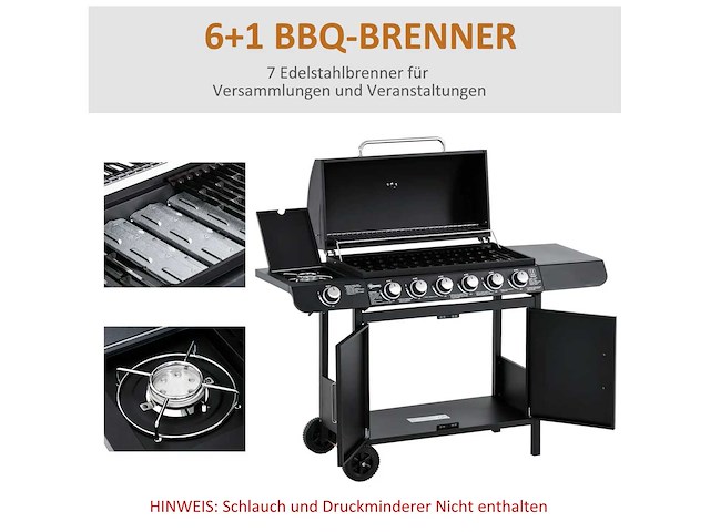 7-pitter gasgrill met thermometer, draagbare barbecue, zwart - afbeelding 6 van  8