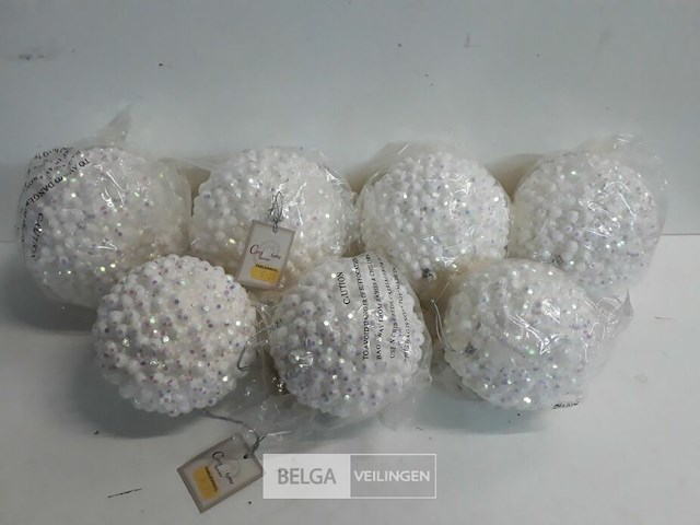 7 x kerstbal pvc wit met roze/paarse dotjes - afbeelding 1 van  3