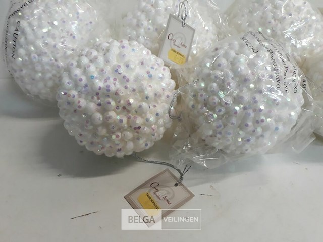 7 x kerstbal pvc wit met roze/paarse dotjes - afbeelding 3 van  3