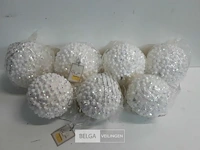 7 x kerstbal pvc wit met roze/paarse dotjes
