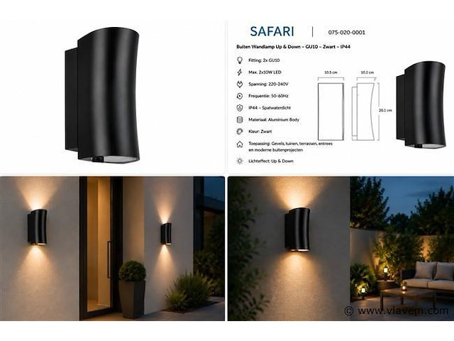 8 x buiten wandlamp up & down – gu10 – zwart – ip44 – safari - afbeelding 5 van  5
