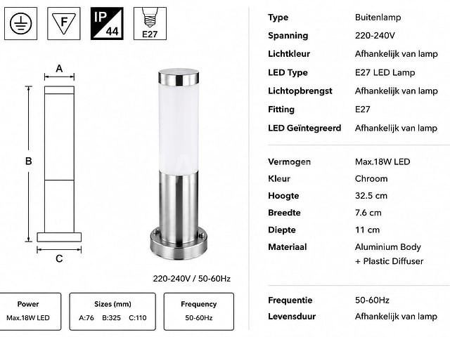 8 x buitenlamp tuinpaal – e27 – chroom – ip44 – 325mm – defne-3 - afbeelding 3 van  5