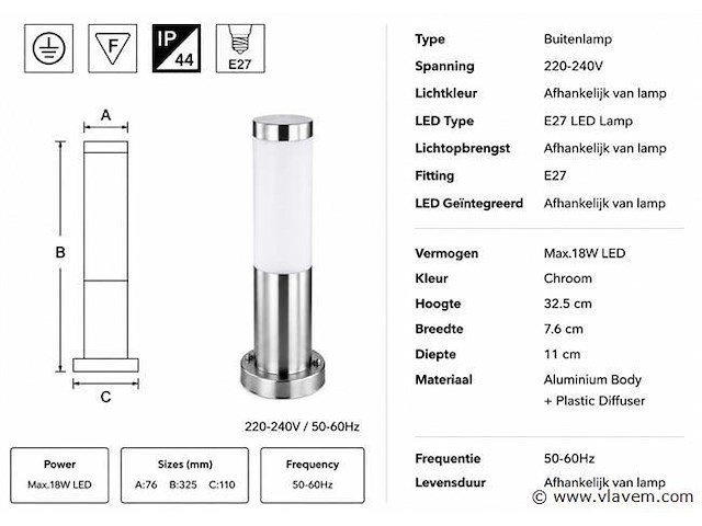 8 x buitenlamp tuinpaal – e27 – chroom – ip44 – 325mm – defne-3 - afbeelding 4 van  5
