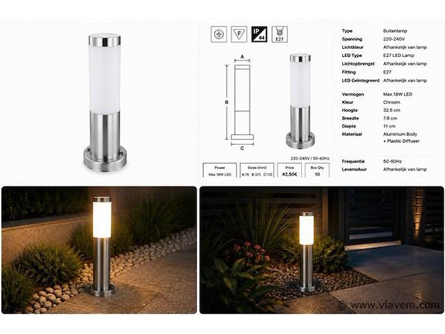 8 x buitenlamp tuinpaal – e27 – chroom – ip44 – 325mm – defne-3 - afbeelding 5 van  5
