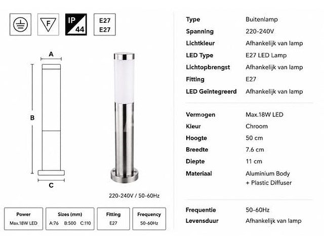 8 x buitenlamp tuinpaal – e27 – chroom – ip44 – 500mm – defne-4 - afbeelding 4 van  5