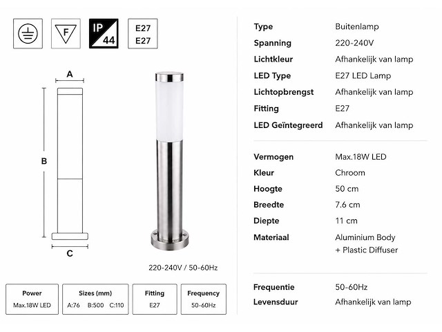 8 x buitenlamp tuinpaal – e27 – chroom – ip44 – 500mm – defne-4 - afbeelding 15 van  15
