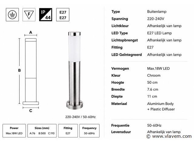 8 x buitenlamp tuinpaal – e27 – chroom – ip44 – 500mm – defne-4 - afbeelding 4 van  5