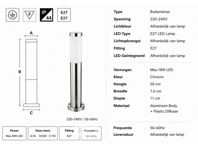 8 x buitenlamp tuinpaal – e27 – chroom – ip44 – 500mm – defne-4 - afbeelding 5 van  6