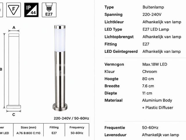 8 x buitenlamp tuinpaal – e27 – chroom – ip44 – 800mm – defne-5 - afbeelding 3 van  5
