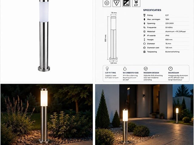 8 x buitenlamp tuinpaal – e27 – chroom – ip44 – 800mm – defne-5 - afbeelding 4 van  5