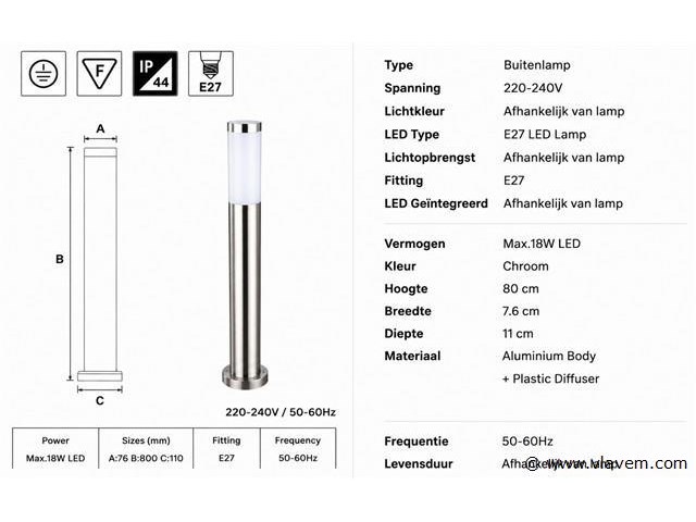 8 x buitenlamp tuinpaal – e27 – chroom – ip44 – 800mm – defne-5 - afbeelding 4 van  5