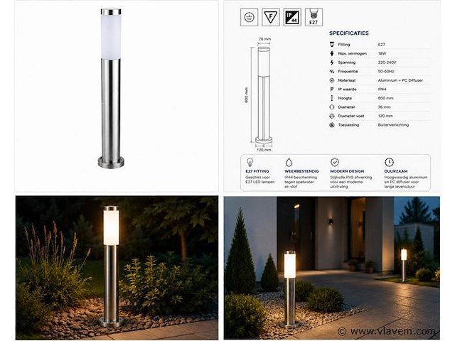 8 x buitenlamp tuinpaal – e27 – chroom – ip44 – 800mm – defne-5 - afbeelding 5 van  5