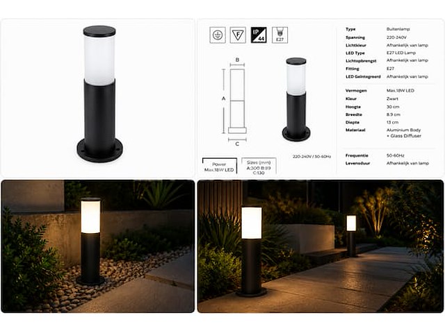 8 x buitenlamp tuinpaal – e27 – zwart – ip44 – 300mm – kavak-3 - afbeelding 3 van  5