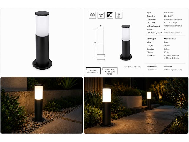 8 x buitenlamp tuinpaal – e27 – zwart – ip44 – 300mm – kavak-3 - afbeelding 2 van  11