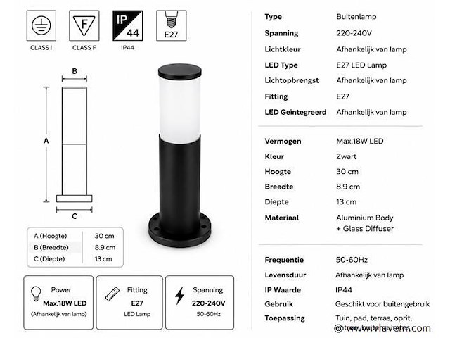 8 x buitenlamp tuinpaal – e27 – zwart – ip44 – 300mm – kavak-3 - afbeelding 4 van  5