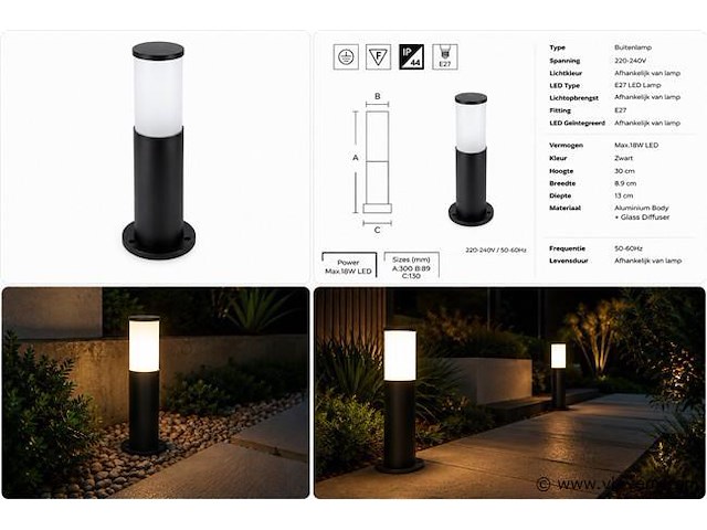 8 x buitenlamp tuinpaal – e27 – zwart – ip44 – 300mm – kavak-3 - afbeelding 5 van  5