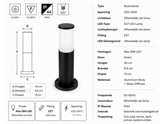 8 x buitenlamp tuinpaal – e27 – zwart – ip44 – 300mm – kavak-3 - afbeelding 5 van  6