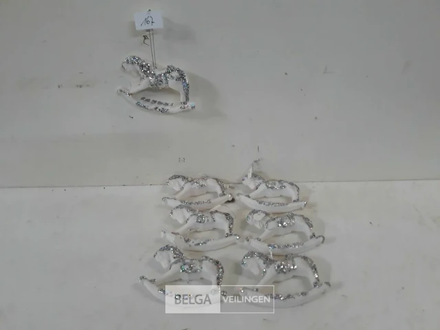 8 x hangdeco schommelpaard wit zilver glitter 12 cm - afbeelding 2 van  3