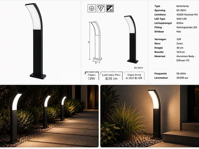 8 x led buiten sokkel lamp – 12w – 4200k neutraal wit - zwart – ip65 – prestige-2 - afbeelding 4 van  5