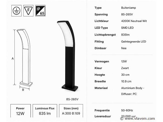 8 x led buiten sokkel lamp – 12w – 4200k neutraal wit - zwart – ip65 – prestige-2 - afbeelding 4 van  5
