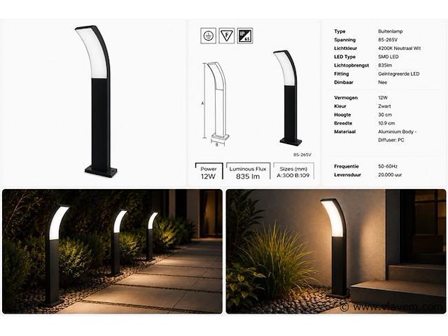 8 x led buiten sokkel lamp – 12w – 4200k neutraal wit - zwart – ip65 – prestige-2 - afbeelding 5 van  5