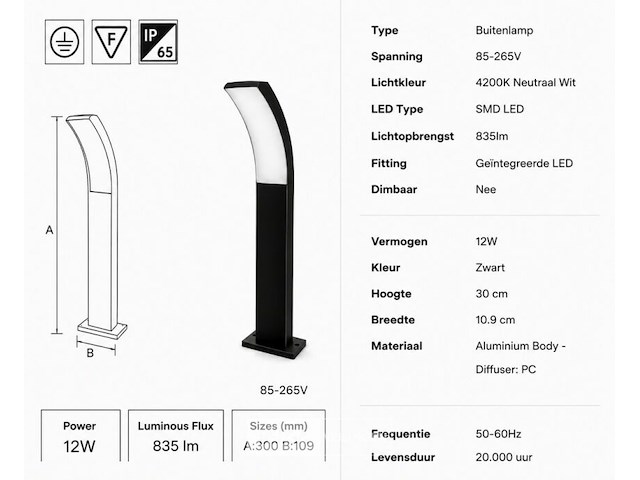 8 x led buiten sokkel lamp – 12w – 4200k neutraal wit - zwart – ip65 – prestige-2 - afbeelding 5 van  6