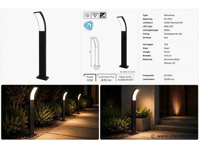 8 x led buiten sokkel lamp – 12w – 4200k neutraal wit - zwart – ip65 – prestige-3 - afbeelding 5 van  5